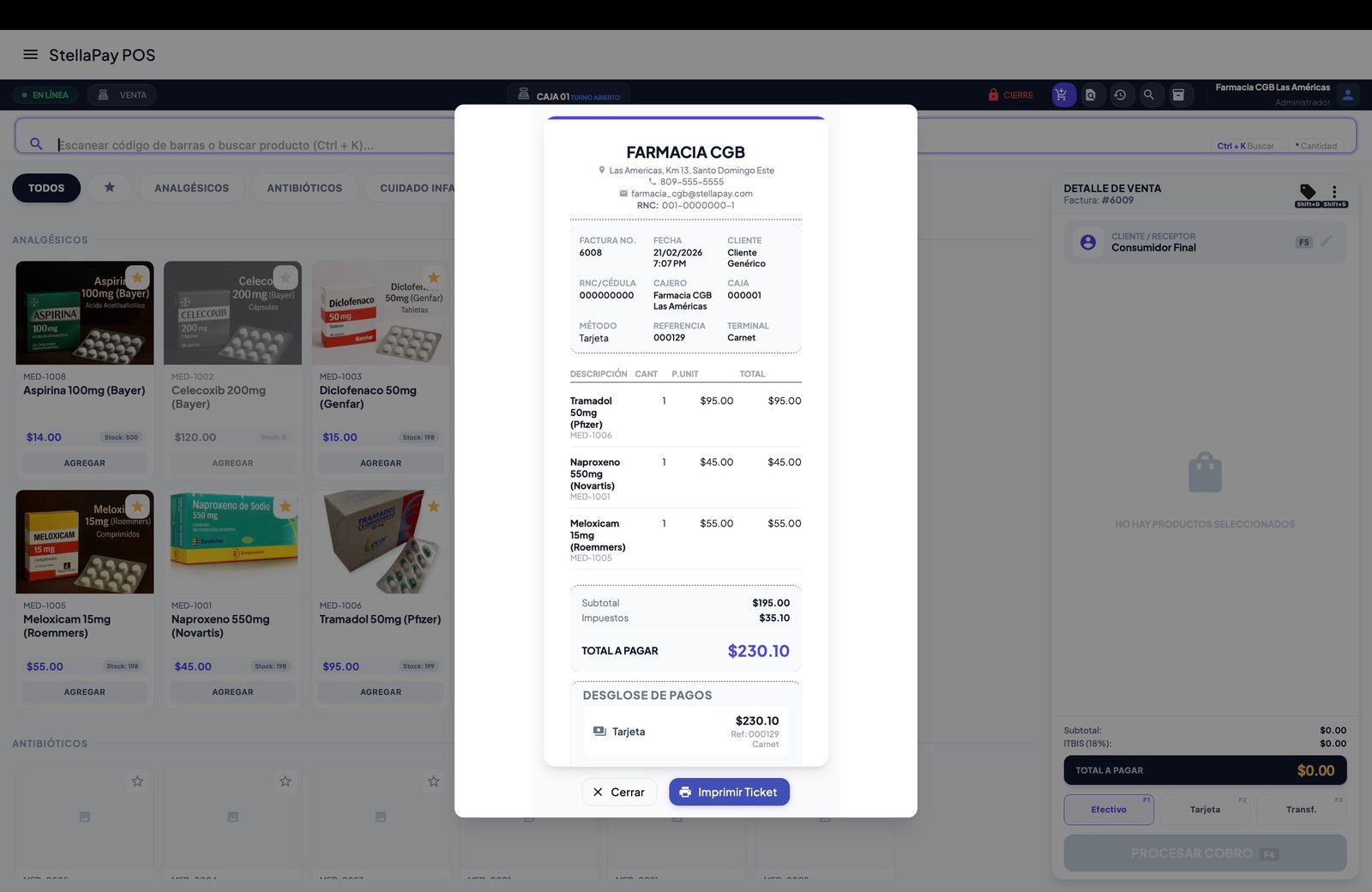 Vista previa de comprobante fiscal con detalle de productos y totales