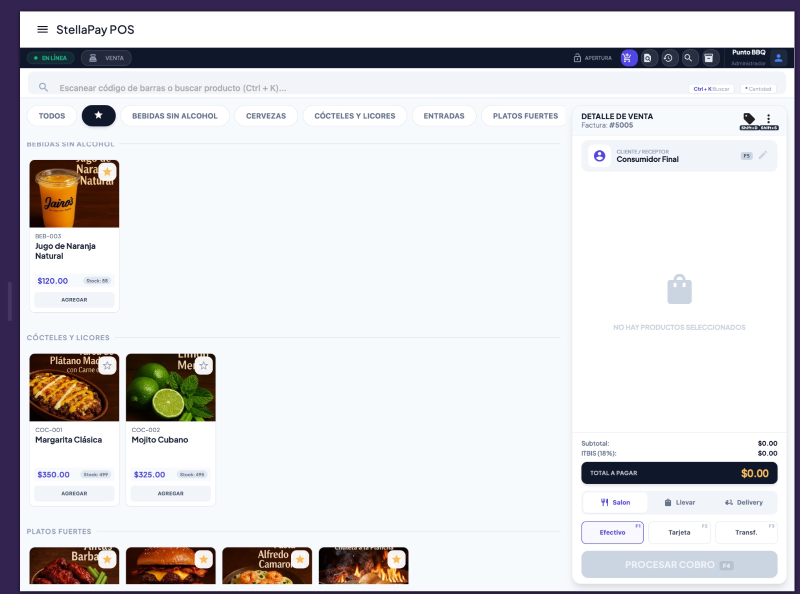 Pantalla de punto de venta con catálogo de productos y carrito